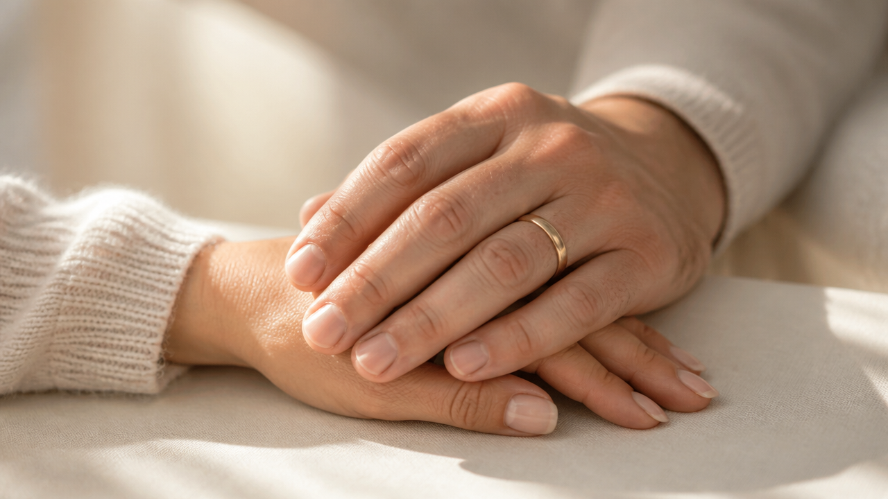 Two hands gently resting together with a wedding band in warm light